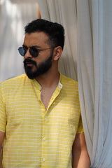 Day Dream : Handwoven Cotton Yellow stripe Half-sleeve Shirt