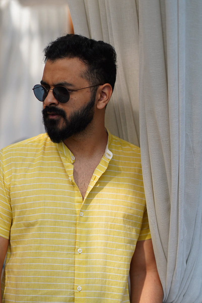 Day Dream : Handwoven Cotton Yellow stripe Half-sleeve Shirt