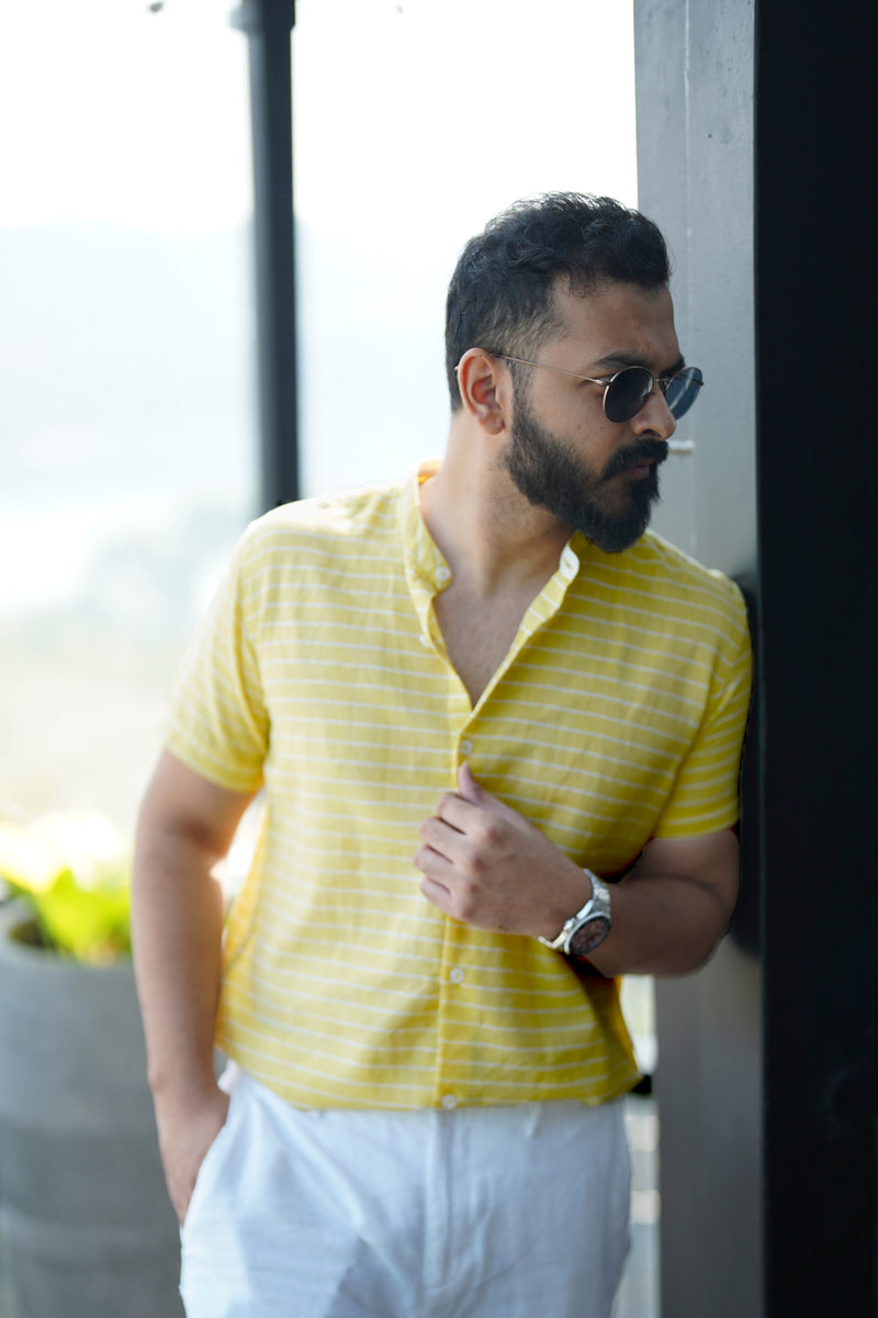 Day Dream : Handwoven Cotton Yellow stripe Half-sleeve Shirt