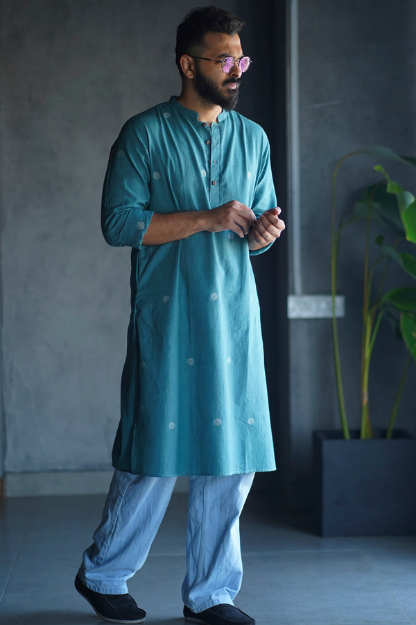 OM : Jamdani Teal Knee-Length Kurta