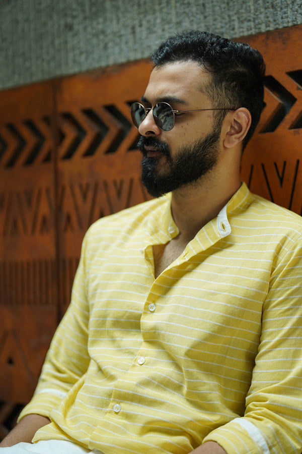 Morning Glory : Handwoven Cotton Yellow Stripes Full-sleeve Shirt