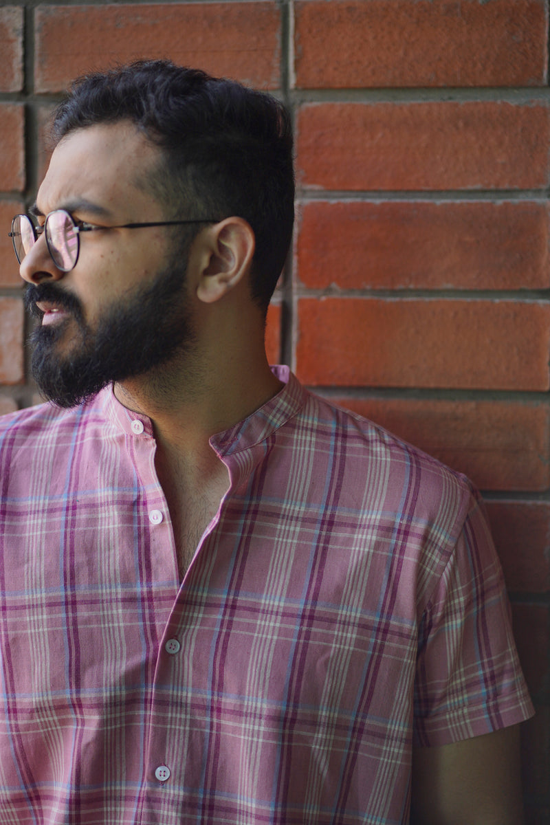 Drift : Handwoven Cotton Pink checks Half-sleeve Shirt