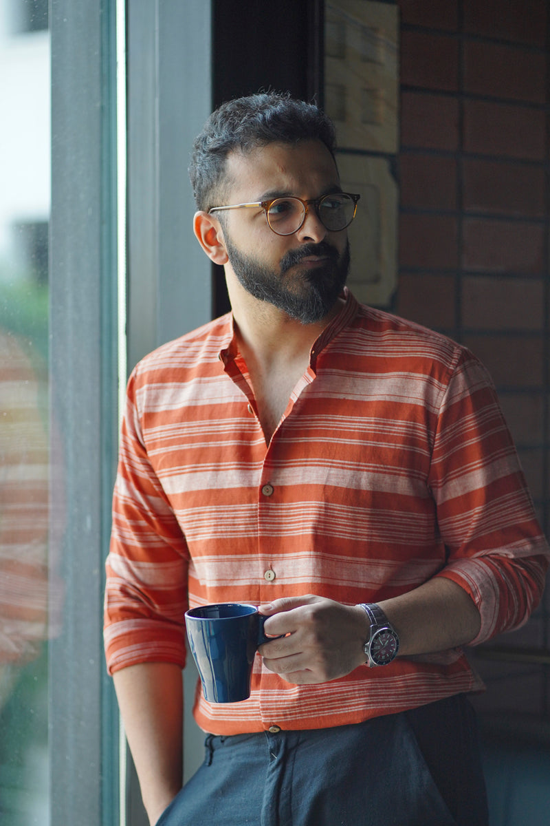 Flame : Handwoven Cotton Orange Stripes Shirt