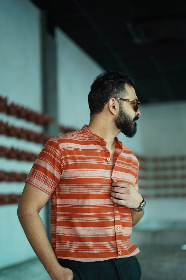 Flame : Handwoven Cotton Orange Stripes Shirt