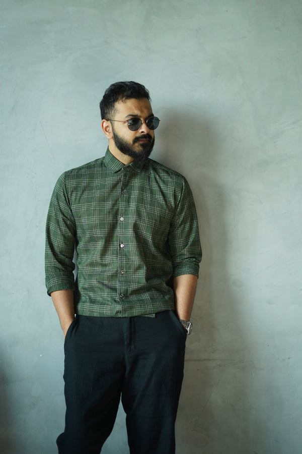 Haze : Handwoven Cotton Deep Green Full-sleeve Shirt