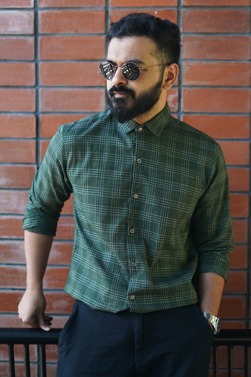 Haze : Handwoven Cotton Deep Green Full-sleeve Shirt