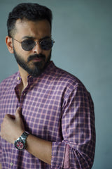 Hush : Handwoven Cotton purple checks Full-sleeve Shirt