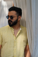 Day Dream : Handwoven Cotton light Yellow stripe Half-sleeve Shirt