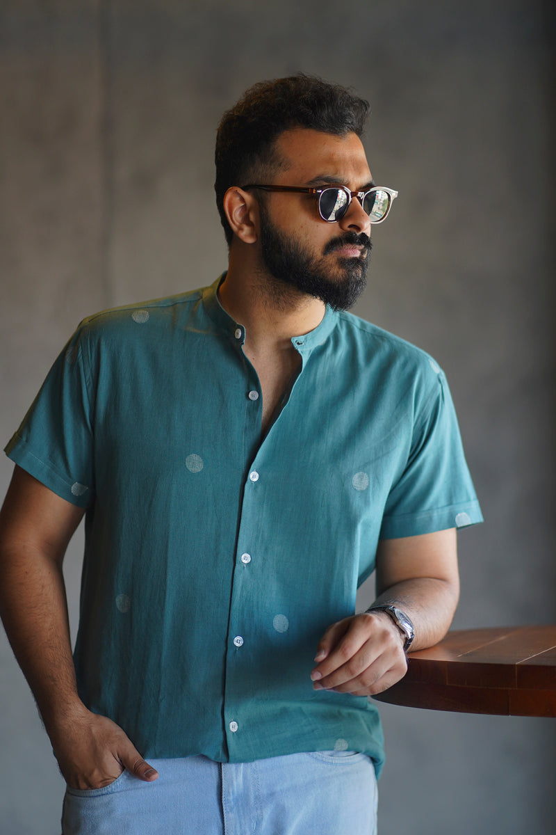 Aham : Jamdani Teal Half-sleeve Shirt