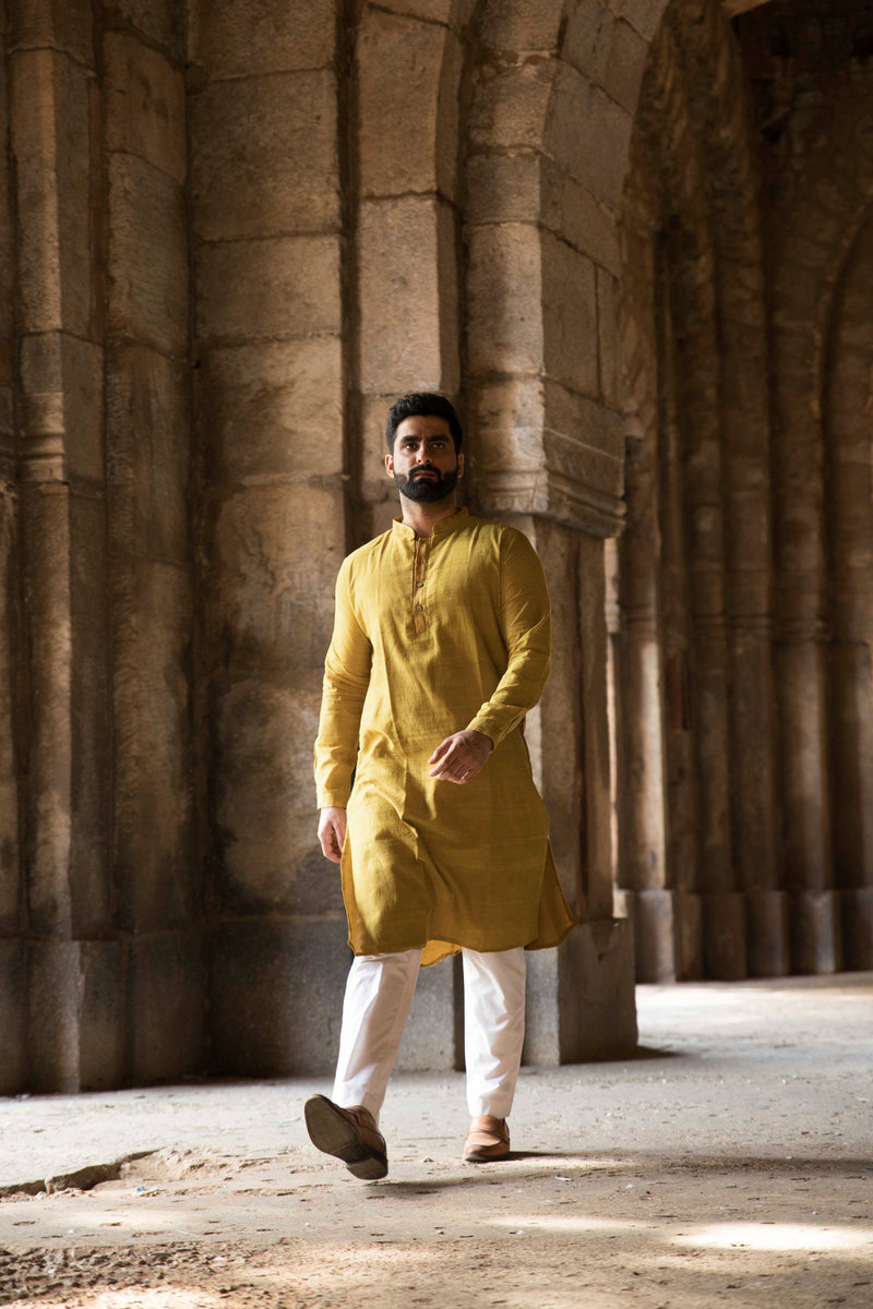 HALDI : Mangalgiri Lime Yellow Knee-Length Kurta