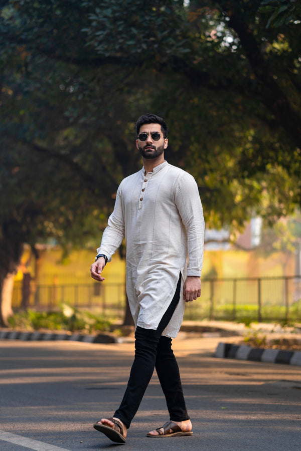 FAWN : Cotton Half White Knee-Length Kurta